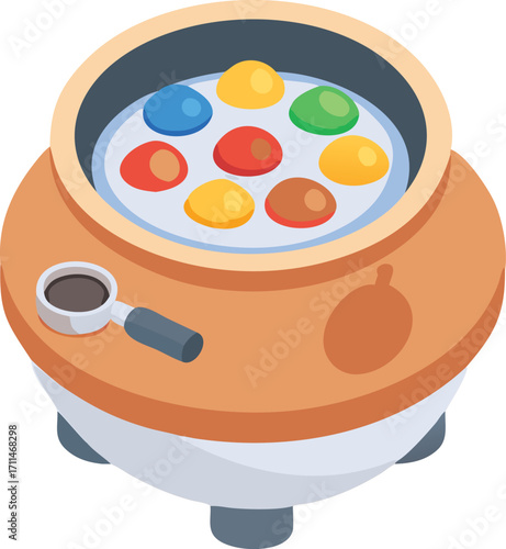 Flat vector illustration of a tandoor oven with colorful food items and a coffee cup cooking