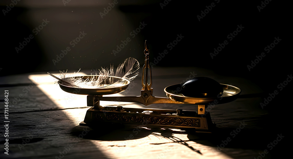 Obraz premium A dark and moody still life. A vintage brass scale with one side holding a black feather and the other holding a polished black stone. A shaft of light illuminates the scene