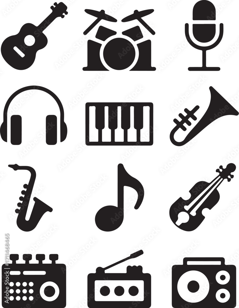 Diverse musical instruments and audio equipment icons