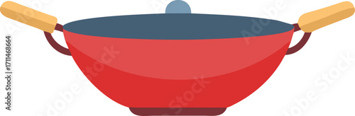 Red wok with blue lid and yellow handles on a white background cooking kitchen