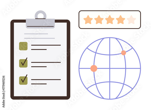 Checklist with tick marks, 4-star rating scale, globe with location points signify assessment, rating, global reach decisions. Ideal for quality control, feedback, review, evaluation planning