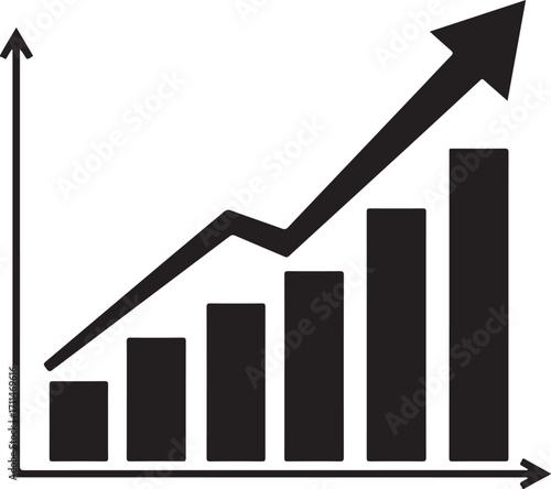 Black bar chart with upward trending arrow and line graph on white Keywords: bar chart, graph, line graph