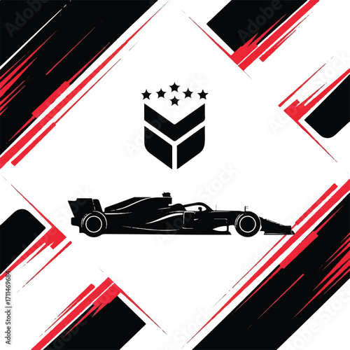 Dynamic graphic featuring a black Formula 1 race car silhouette with a star emblem on a white background framed by red and black diagonal lines.