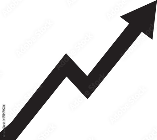 Black jagged arrow pointing upwards on white background Keywords: arrow, up, upward, growth, increase