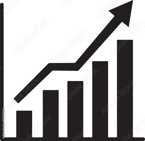 Black bar graph with upward trending arrow on white background chart bar chart