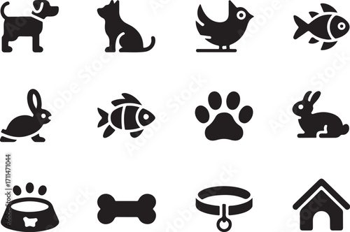 Adorable pet icons dog cat rabbit fish paw print bone house