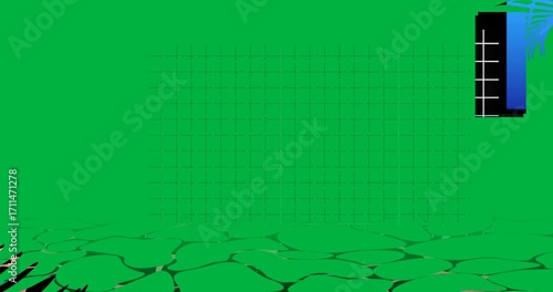 Grid and floor fading, magenta dolphin swimming leftward, blue leaf sliding in transparent bg