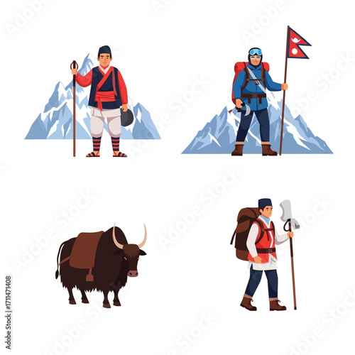 Nepali Sherpa guides and a yak, iconic symbols of Himalayan mountaineering and culture.