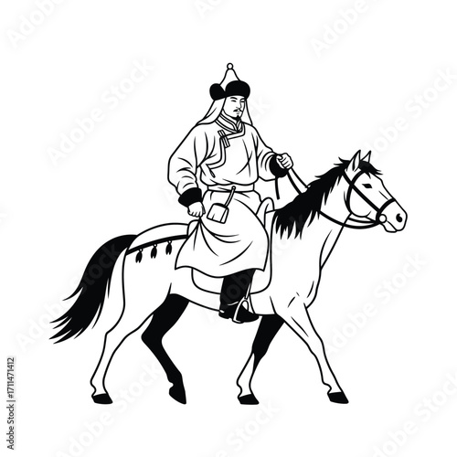 A Mongolian warrior, elegantly attired, rides a horse, depicted in a classic black and white illustration style.