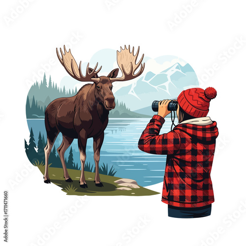 A person observes a large moose with binoculars near a lake and mountains.