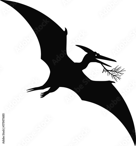 Pterodactyl Silhouette Illustration Vector: Black Flying Reptile with Branch in Beak Against Transparent Backdrop for Prehistoric Era Projects