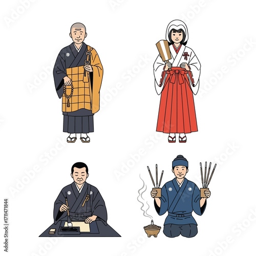 Four figures depict traditional Japanese professions and attire: a monk, a bride, a calligrapher, and a person with incense.