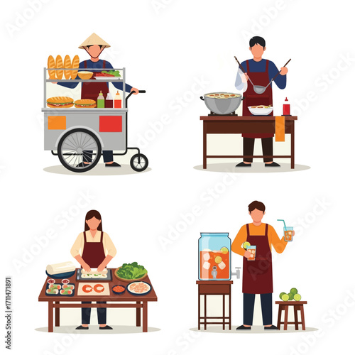 Four vendors selling street food and drinks from stalls and carts, each preparing different items.