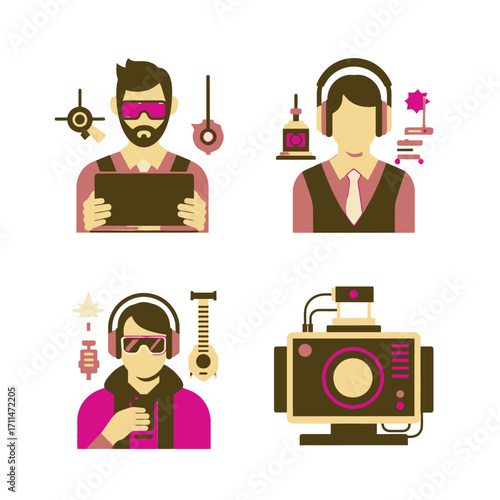 Four flat design icons depicting various creative professionals, including a videographer, musician, and sound engineer.