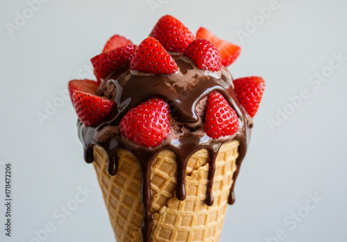 Waffle cone filled with chocolate ice cream, drizzled with chocolate sauce and topped with fresh, sliced strawberries.