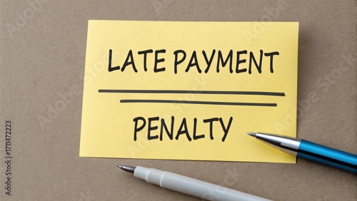 Yellow note with handwritten late payment penalty reminder on a brown background featuring pens in the foreground