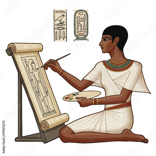An ancient Egyptian artist sits painting a scroll, surrounded by hieroglyphics and a palette.
