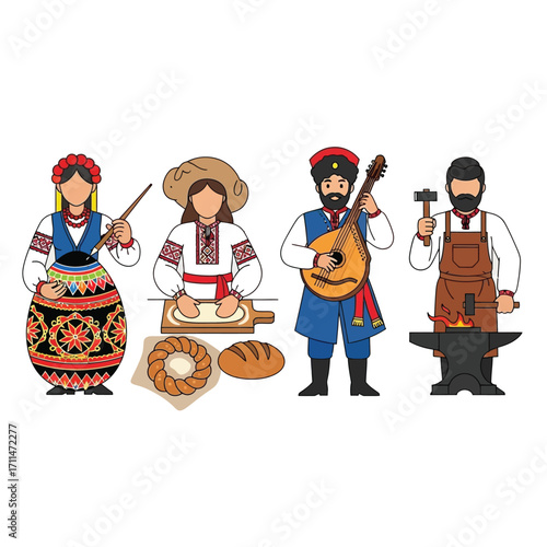Four stylized figures in traditional Ukrainian attire, depicting various crafts and activities.