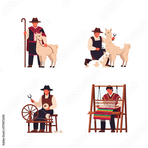 Four illustrations depicting people interacting with llamas and processing wool, showcasing traditional crafts.