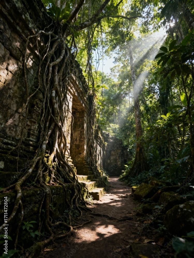 Obraz premium Jungle Path Through Ancient Ruins in Amazon with Sunbeams