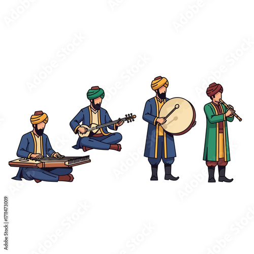 Four musicians wearing turbans, playing traditional instruments including a drum, flute, and stringed instruments.