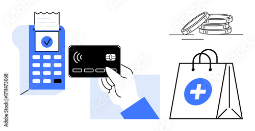Hand holding card near payment terminal, receipt printed. Shopping bag with medical cross, coins. Ideal for finance, technology, healthcare, cashless economy, online shopping e-commerce innovative