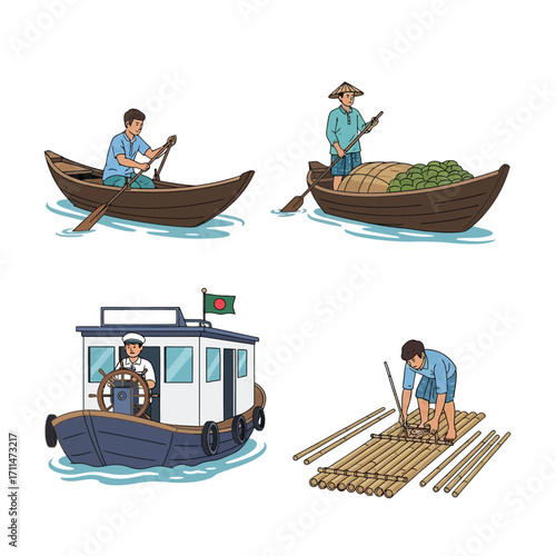 Four images showing people using boats and bamboo rafts in a river setting, including a man rowing, transporting goods, and building.