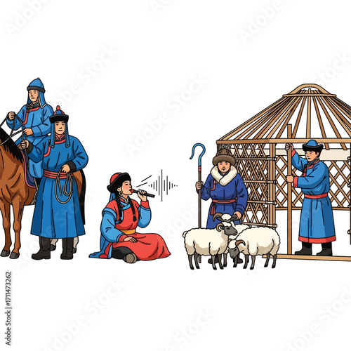 Illustration of Mongolian people in traditional clothing, including a horseman, singer, and shepherds near a yurt.