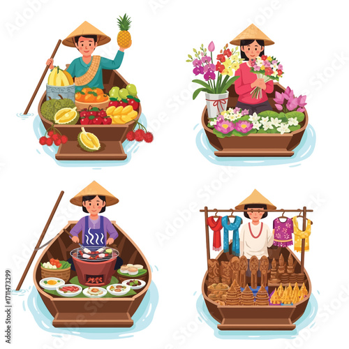 Four floating market vendors in boats selling fruits, flowers, food and souvenirs.