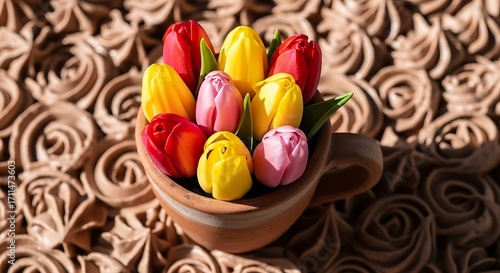 Colorful Tulips in Terracotta Pot on Chocolate Decorated Cake.