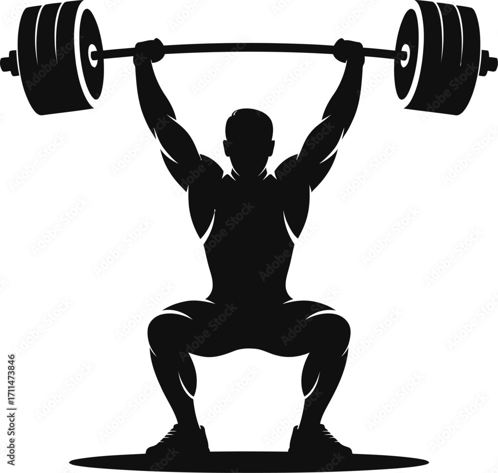 Naklejka premium Weightlifter Silhouette Illustration Black Vector Art Showing Athlete Lifting Barbell in Squat Position on Transparent Background for Fitness