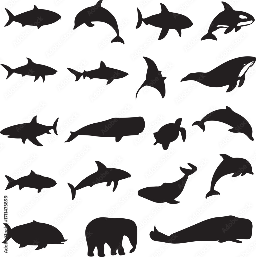 Fototapeta premium PrintCollection of black silhouettes of marine animals and an elephant