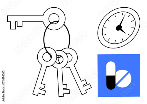 Clock indicating time, keychain with multiple keys, and medicine capsule and tablet on blue square. Ideal for healthcare, time management, security, access, productivity planning wellness. Simple