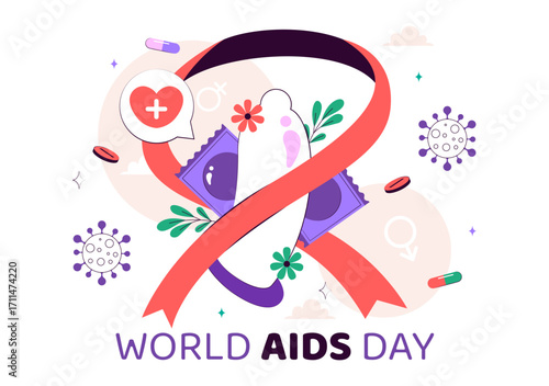 World AIDS Day Vector Illustration on December 1 featuring a Red Ribbon Symbol to Raise Awareness of the AIDS Epidemic in a Flat Style Background