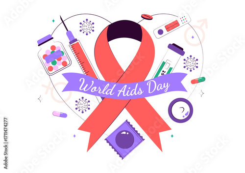 World AIDS Day Vector Illustration on December 1 featuring a Red Ribbon Symbol to Raise Awareness of the AIDS Epidemic in a Flat Style Background
