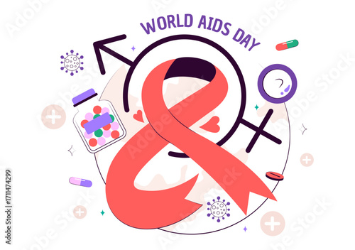 World AIDS Day Vector Illustration on December 1 featuring a Red Ribbon Symbol to Raise Awareness of the AIDS Epidemic in a Flat Style Background