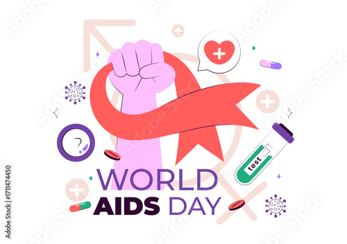 World AIDS Day Vector Illustration on December 1 featuring a Red Ribbon Symbol to Raise Awareness of the AIDS Epidemic in a Flat Style Background