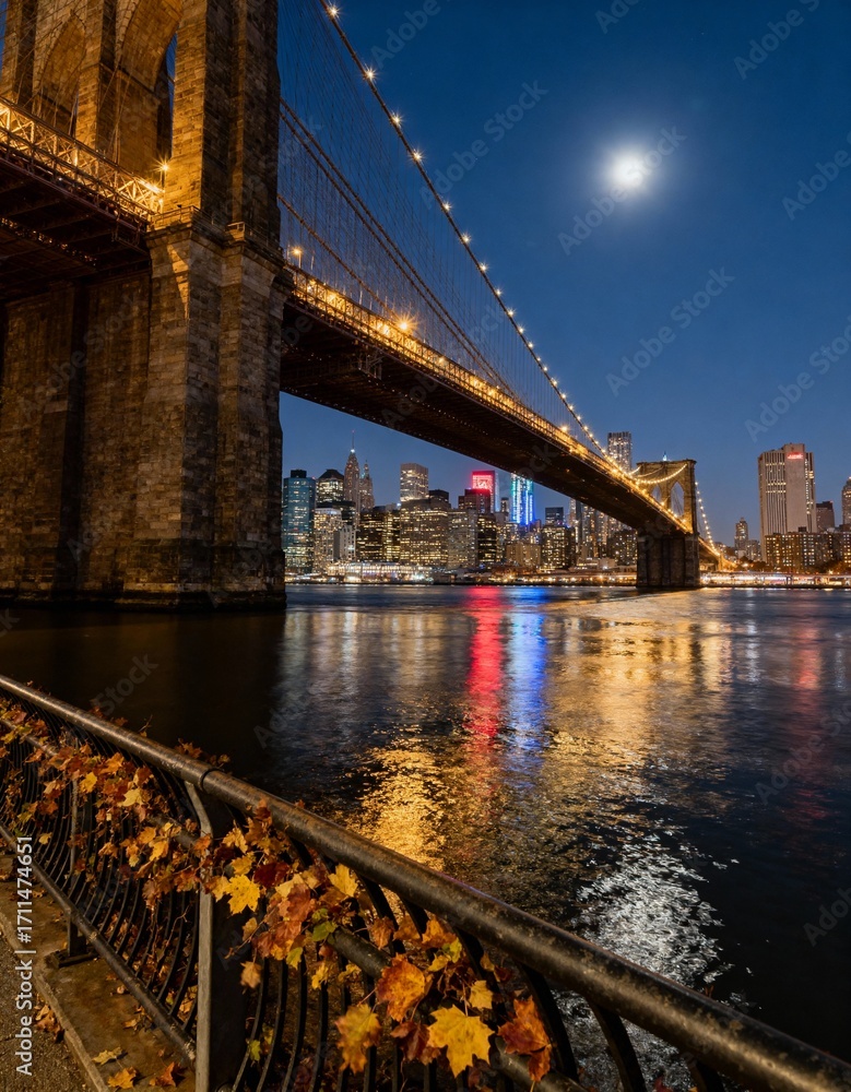 Fototapeta premium New York City Skyline at Night from Brooklyn Bridge