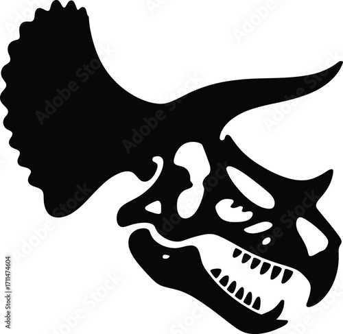 Triceratops Skull Silhouette Illustration Vector Art A Black and White Depiction of a Prehistoric Fossil Skeleton with Horns and Frill in Graphic Style