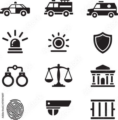 Justice and safety icons for law enforcement and security