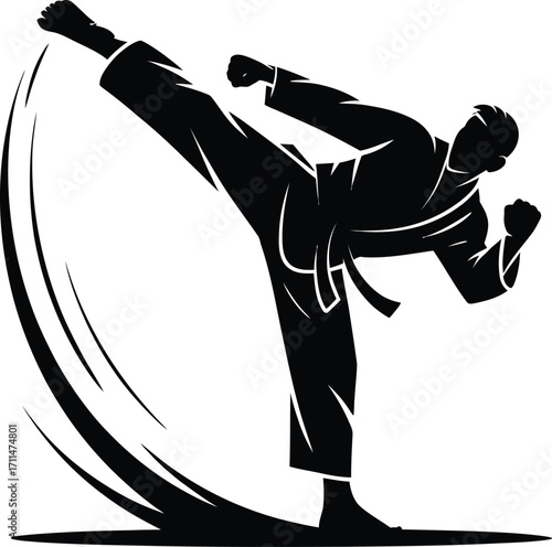 Martial Arts Kick Silhouette Illustration Vector Image A Black Figure Performing a High Kick in a Dynamic Action Pose for Sports and Fitness Designs