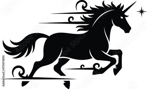 Galloping Unicorn Silhouette Vector Illustration with Starry Detail Black Design for Mythical Creature Art and Graphic Projects, a Dynamic Animal Shape