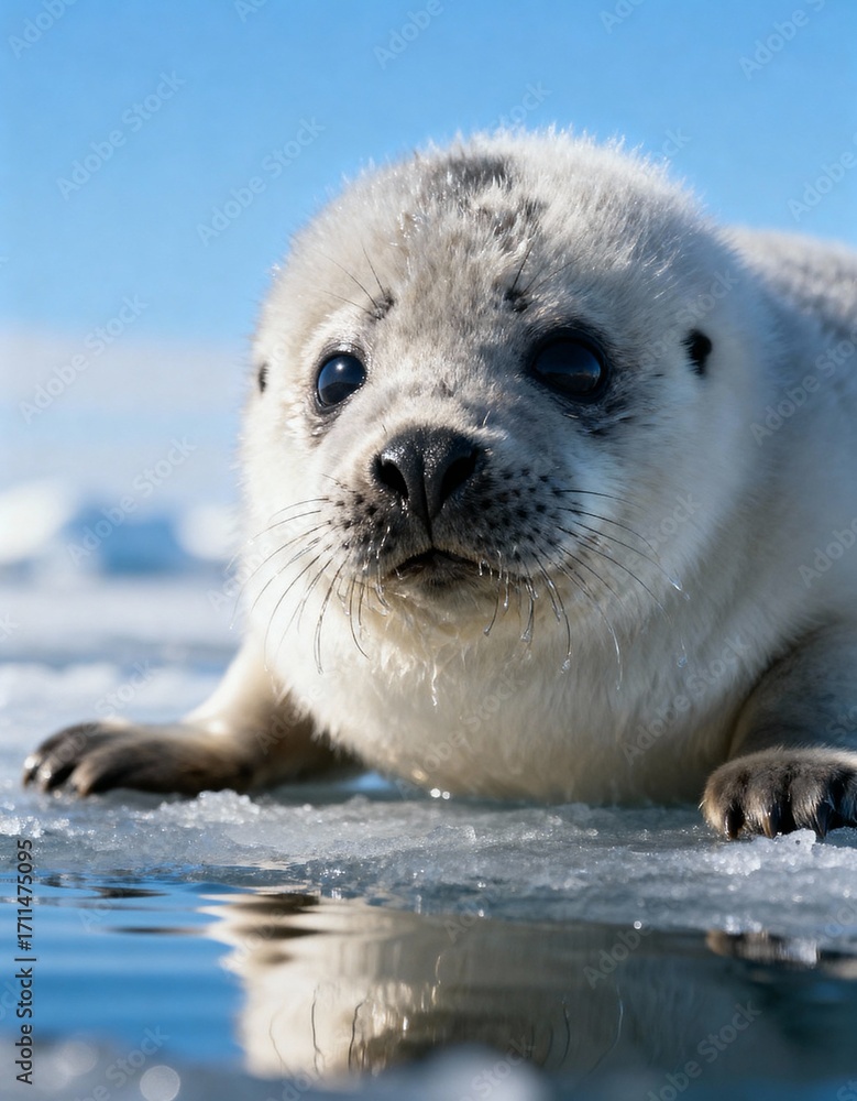 Fototapeta premium Cute Baby Seal Pup on Ice Floe Under Bright Sky