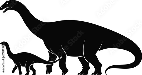 Brontosaurus Silhouette Illustration Vector: Black Sauropod Dinosaurs, Adult and Baby, on Transparent Background for Paleontological Designs