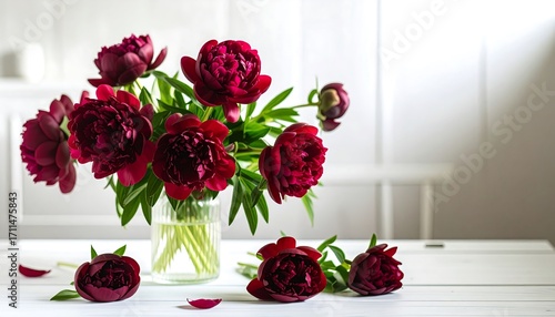 A bouquet of deep crimson peonies in a clear glass vase on a white table