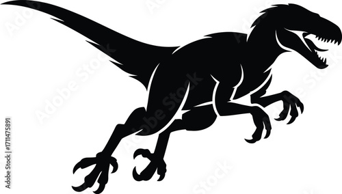 Black Silhouette Illustration of a Velociraptor Vector Graphic for Paleontology, Dinosaurs, and Prehistoric Animal Concepts, Jurassic Era
