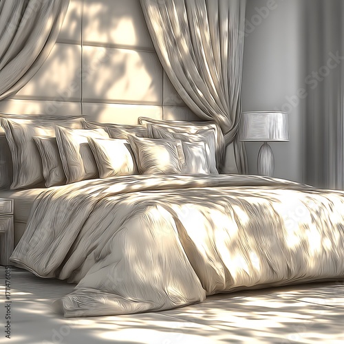 Serene Bedroom Interior: A luxury bedroom bathed in soft, natural light, featuring a meticulously arranged bed with plush pillows, complemented by elegant drapes and a bedside lamp.