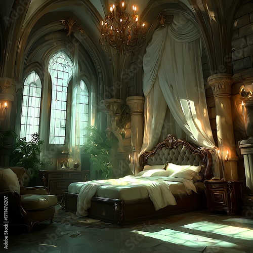 Elegant Bedroom: A lavish bedroom, exuding luxury, is bathed in natural light streaming through large windows. A canopy bed commands attention amidst the ornate architecture and plush furnishings.
