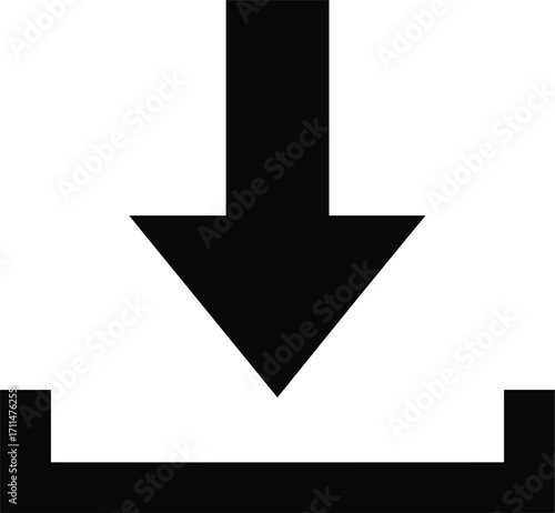 Black download icon with arrow pointing down into a box on white background Keywords: download, icon, arrow, down, upload, save