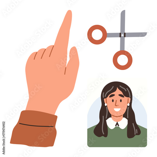 Hand pointing upward, open scissors symbolizing creativity or choices, and a smiling woman in a green shirt with long hair. Ideal for education, decision-making, creativity, communication